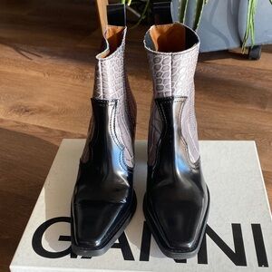 Ganni Black and Gray Croc-Patterned Boots